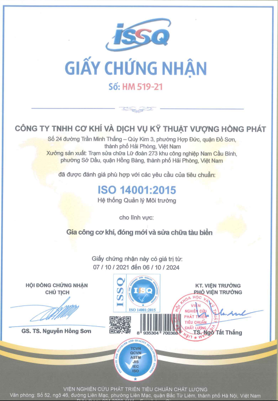 Vuong Hong Phat's ISO 14001:2015 certificate